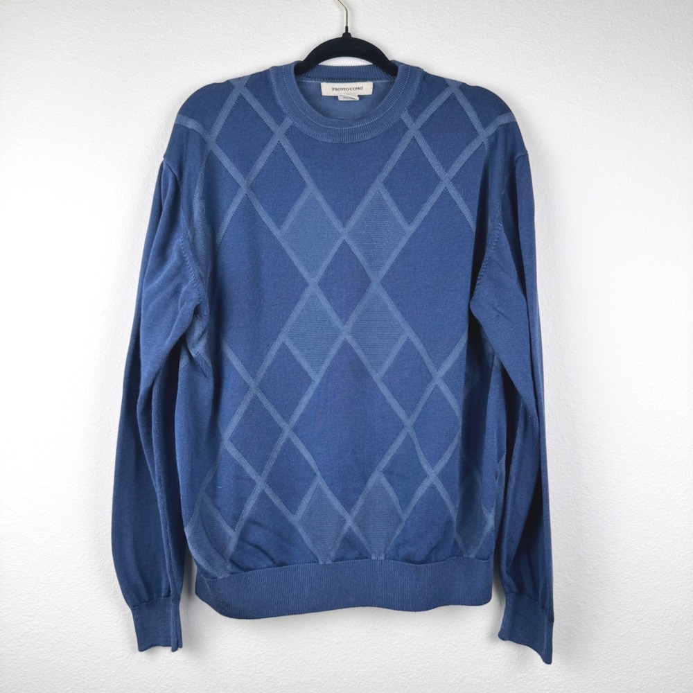 Pronto Uomo Sweater Mens XL Blue Excellent Argyle Diamond Knit Casual Business